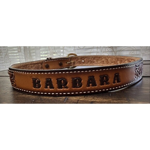 Vtg Wright Leather Hand Tool Western Name Belt Barbara Hippie Cowgirl Size 28 main image 5